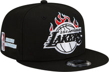 Load image into Gallery viewer, Los Angeles Lakers New Era NBA 9FIFTY 950 Snapback Cap Hat Black Crown/Visor White With Flames Logo Sky Blue UV (Team Fire)