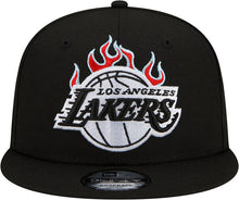 Load image into Gallery viewer, Los Angeles Lakers New Era NBA 9FIFTY 950 Snapback Cap Hat Black Crown/Visor White With Flames Logo Sky Blue UV (Team Fire)
