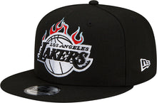 Load image into Gallery viewer, Los Angeles Lakers New Era NBA 9FIFTY 950 Snapback Cap Hat Black Crown/Visor White With Flames Logo Sky Blue UV (Team Fire)