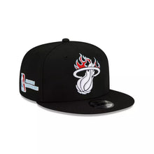 Load image into Gallery viewer, Miami Heat New Era NBA 9FIFTY 950 Snapback Cap Hat Black Crown/Visor White With Flames Logo Sky Blue UV (Team Fire)