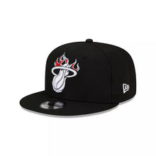 Load image into Gallery viewer, Miami Heat New Era NBA 9FIFTY 950 Snapback Cap Hat Black Crown/Visor White With Flames Logo Sky Blue UV (Team Fire)