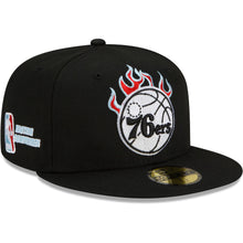 Load image into Gallery viewer, Philadelphia 76ers New Era NBA 9FIFTY 950 Snapback Cap Hat Black Crown/Visor White With Flames Logo Sky Blue UV (Team Fire)