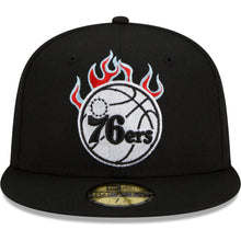 Load image into Gallery viewer, Philadelphia 76ers New Era NBA 9FIFTY 950 Snapback Cap Hat Black Crown/Visor White With Flames Logo Sky Blue UV (Team Fire)