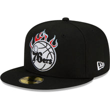 Load image into Gallery viewer, Philadelphia 76ers New Era NBA 9FIFTY 950 Snapback Cap Hat Black Crown/Visor White With Flames Logo Sky Blue UV (Team Fire)