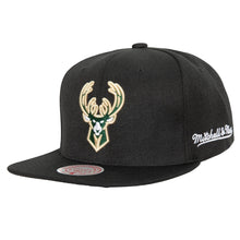 Load image into Gallery viewer, Milwaukee Bucks Mitchell & Ness NBA Snapback Cap Hat Black Crown/Visor Team Color Logo English Text/Script Back Logo
