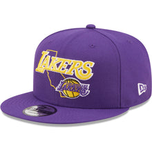 Load image into Gallery viewer, Los Angeles Lakers New Era NBA 9FIFTY 950 Snapback Cap Hat Purple Crown/Visor Team Color Logo with State Map (Logo State)