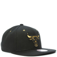 Load image into Gallery viewer, Chicago Bulls Mitchell & Ness NBA Snapback Cap Hat Black Crown/Visor Metallic Gold Logo (Fools Gold)