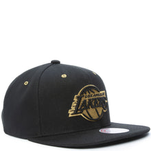 Load image into Gallery viewer, Los Angeles Lakers Mitchell & Ness NBA Snapback Cap Hat Black Crown/Visor Metallic Gold Logo (Fools Gold)