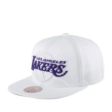 Load image into Gallery viewer, Los Angeles Lakers Mitchell & Ness NBA Snapback Cap Hat White Crown/Visor Purple/White Logo (White Out Team Color Pop)