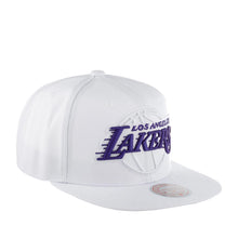 Load image into Gallery viewer, Los Angeles Lakers Mitchell & Ness NBA Snapback Cap Hat White Crown/Visor Purple/White Logo (White Out Team Color Pop)
