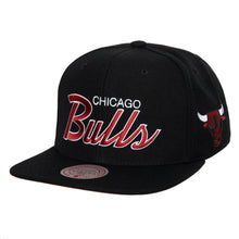 Load image into Gallery viewer, Chicago Bulls Mitchell & Ness NBA Snapback Cap Hat Black Crown/Visor Red/White Script Logo