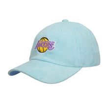 Load image into Gallery viewer, Los Angeles Lakers Mitchell & Ness NBA Adjustable Suede Cap Hat Sky Blue Crown/Visor Team Color Logo