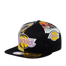 Load image into Gallery viewer, Los Angeles Lakers Mitchell & Ness NBA Shirt Remix Snapback Cap Hat Black Crown/Visor Team Color Logo