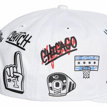 Load image into Gallery viewer, Chicago Bulls Mitchell & Ness NBA Hand Drawn Snapback Cap Hat White Crown/Visor Team Color Logo With Multiple Patches