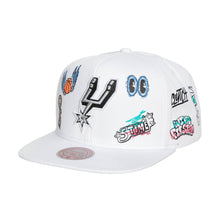 Load image into Gallery viewer, San Antonio Spurs Mitchell & Ness NBA Hand Drawn Snapback Cap Hat White Crown/Visor Team Color Logo With Multiple Patches