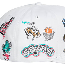 Load image into Gallery viewer, San Antonio Spurs Mitchell & Ness NBA Hand Drawn Snapback Cap Hat White Crown/Visor Team Color Logo With Multiple Patches