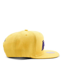 Load image into Gallery viewer, Los Angeles Lakers Mitchell & Ness NBA Snapback Cap Hat Yellow Crown/Visor Purple Text Logo