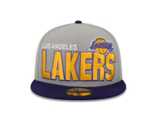 Load image into Gallery viewer, Los Angeles Lakers New Era NBA 59FIFTY 5950 Fitted Cap Hat Gray Crown Purple Visor Yello/Purple Block Letter Logo (Big Bold)