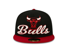 Load image into Gallery viewer, Chicago Bulls New Era 59FIFTY 5950 NBA Fitted Cap Hat Black Crown Red Visor Team Color HWC Logo With White/Red Script (Script Punch)