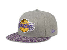 Load image into Gallery viewer, Los Angeles Lakers New Era 595FIFTY 5950 NBA Fitted Cap Hat Heather Gray Crown Purple Leopard Print Visor Team Color Logo (Leopardvize)
