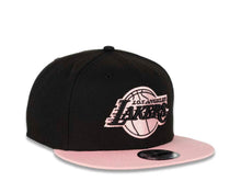 Load image into Gallery viewer, Los Angeles Lakers New Era NBA 9FIFTY 950 Snapback Cap Hat Black Crown Pink Visor Black/Pink Logo 50th Anniversary Side Patch