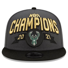 Load image into Gallery viewer, Milwaukee Bucks New Era NBA 9FIFTY 950 Snapback Cap Hat Dark Gray Crown Black Visor Team Color Logo 2021 Champions