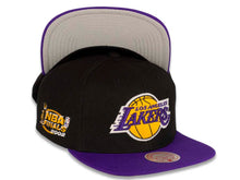 Load image into Gallery viewer, Los Angeles Lakers Mitchell & Ness NBA Glow Team Snapback Cap Hat Black Crown Purple Visor Team Color Logo 2002 Finals Side Patch