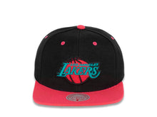 Load image into Gallery viewer, Los Angeles Lakers Mitchell & Ness NBA Snapback Cap Hat Black Crown Pink Visor Teal/Pink/Black Logo (Santa Ana)