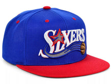 Load image into Gallery viewer, Philadelphia 76ers Mitchell & Ness NBA Lotto Pick Snapback Cap Hat Royal Blue Crown Red Visor Team Color Logo