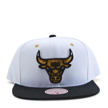 Load image into Gallery viewer, Chicago Bulls Mitchell & Ness NBA Snapback Cap Hat White Crown Black Visor Metallic Gold/Black Logo (White Gold Pop)