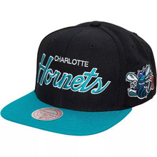 Load image into Gallery viewer, Charlotte Hornets Mitchell & Ness Team Script 2.0 Snapback Cap Hat Black Crown Teal Visor Team Color Script/Text Logo