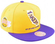 Load image into Gallery viewer, Los Angeles Lakers Mitchell & Ness NBA Snapback Cap Hat Yellow Crown Purple Visor Team Color Logo Inside State Map (Team Insider)