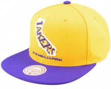 Load image into Gallery viewer, Los Angeles Lakers Mitchell & Ness NBA Snapback Cap Hat Yellow Crown Purple Visor Team Color Logo Inside State Map (Team Insider)