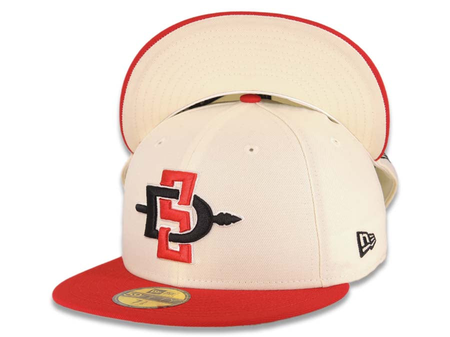 San Diego State Aztecs New Era NCAA 59FIFTY 5950 Fitted Cap Hat Cream Crown Red Visor Black/Red Logo Cream UV 7 1/8