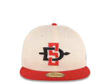 Load image into Gallery viewer, San Diego State Aztecs New Era NCAA 59FIFTY 5950 Fitted Cap Hat Cream Crown Red Visor Black/Red Logo 40th Anniversary Side Patch Cream UV