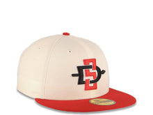 Load image into Gallery viewer, San Diego State Aztecs New Era NCAA 59FIFTY 5950 Fitted Cap Hat Cream Crown Red Visor Black/Red Logo 40th Anniversary Side Patch Cream UV