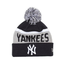 Load image into Gallery viewer, New York Yankees New Era MLB Cuffed Pom Knit Beanie Hat Navy Blue/Gray/White Crown/Visor White Logo (Biggest Fan Redux)