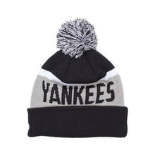 Load image into Gallery viewer, New York Yankees New Era MLB Cuffed Pom Knit Beanie Hat Navy Blue/Gray/White Crown/Visor White Logo (Biggest Fan Redux)