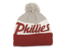 Load image into Gallery viewer, Philadelphia Phillies New Era MLB Cuffed Pom Knit Hat White/Red/Brown Crown/Visor Script A3 Team Color Logo