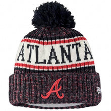 Load image into Gallery viewer, Atlanta Braves New Era MLB 2018 Sideline Cuffed Pom Knit Hat Navy Blue/White/Red Crown/Visor Team Color Logo