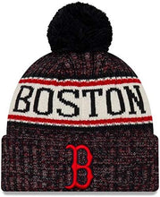 Load image into Gallery viewer, Boston Red Sox New Era MLB Cuffed Pom Knit Hat Navy Blue/Red/White Crown/Visor Red/Black Logo (2018 Sideline)