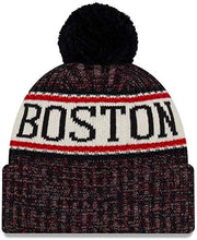 Load image into Gallery viewer, Boston Red Sox New Era MLB Cuffed Pom Knit Hat Navy Blue/Red/White Crown/Visor Red/Black Logo (2018 Sideline)
