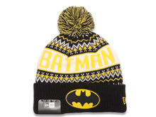Load image into Gallery viewer, Batman New Era Cuffed Wintry Pom Knit Hat Black/Yellow Crown/Visor Yellow/Black Logo