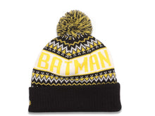 Load image into Gallery viewer, Batman New Era Cuffed Wintry Pom Knit Hat Black/Yellow Crown/Visor Yellow/Black Logo