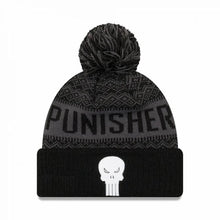 Load image into Gallery viewer, Punisher New Era Cuffed Pom Wintry Knit Beanie Hat Black/Gray Crown/Visor White Skull Logo