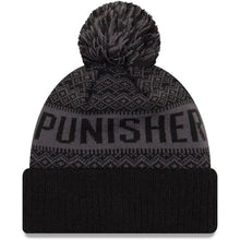 Load image into Gallery viewer, Punisher New Era Cuffed Pom Wintry Knit Beanie Hat Black/Gray Crown/Visor White Skull Logo