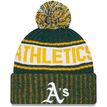 Load image into Gallery viewer, Oakland A's Athletics New Era MLB Cuffed Pom Knit Beanie Hat Green/Yellow/White Crown/Visor White Logo (Knit Marl)