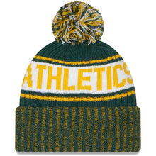 Load image into Gallery viewer, Oakland A's Athletics New Era MLB Cuffed Pom Knit Beanie Hat Green/Yellow/White Crown/Visor White Logo (Knit Marl)