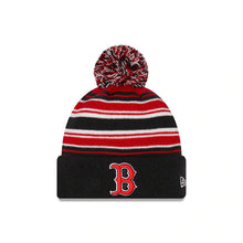 Load image into Gallery viewer, Boston Red Sox New Era MLB Cuffed Pom Knit Hat Navy/Red/White Stripes Crown Black Cuff Team Color Logo