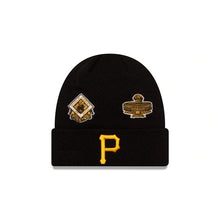 Load image into Gallery viewer, Pittsburgh Pirates New Era MLB Cuffed Knit Hat Black Crown/Cuff Team Color Cooperstown Logo Champions Side Patches